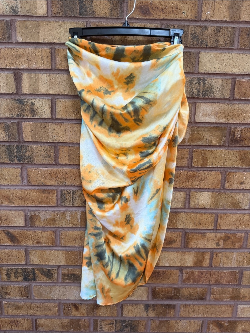 PrettyLittleThing Orange and Olive Tie-Dye Ruched Side Midi Skirt